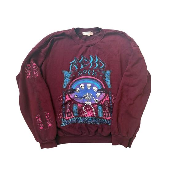 Project Social T Urban Outfitters‎ Acid Rock Skeleton Sweatshirt L/XL Burgundy - Picture 1 of 6